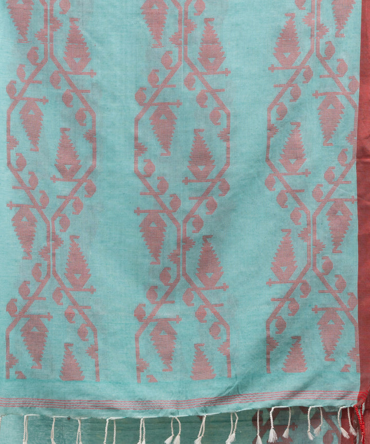 Auqa blue red cotton handwoven jacquard saree