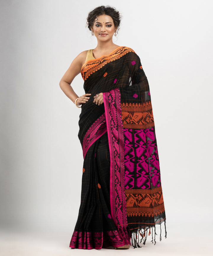 Black pink cotton jacquard handloom saree