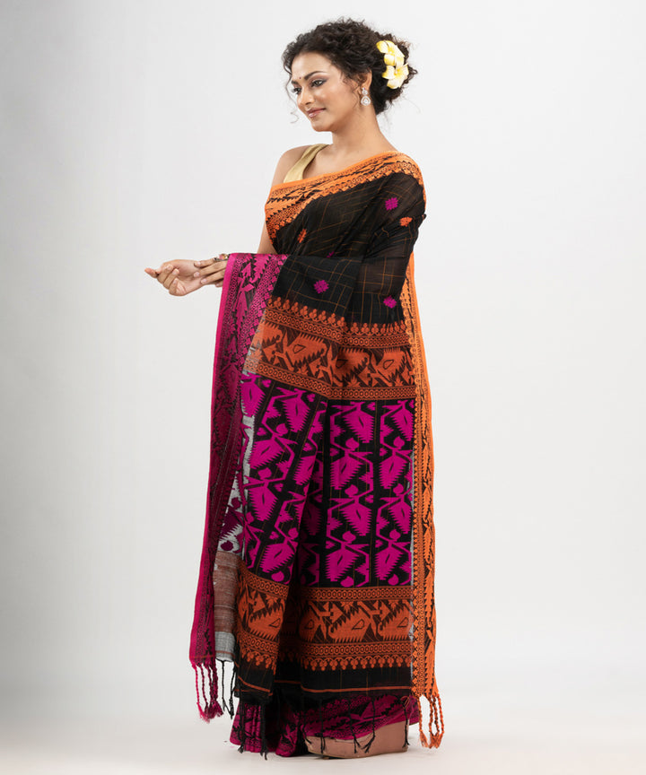 Black pink cotton jacquard handloom saree