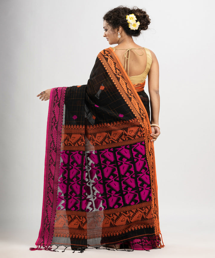 Black pink cotton jacquard handloom saree