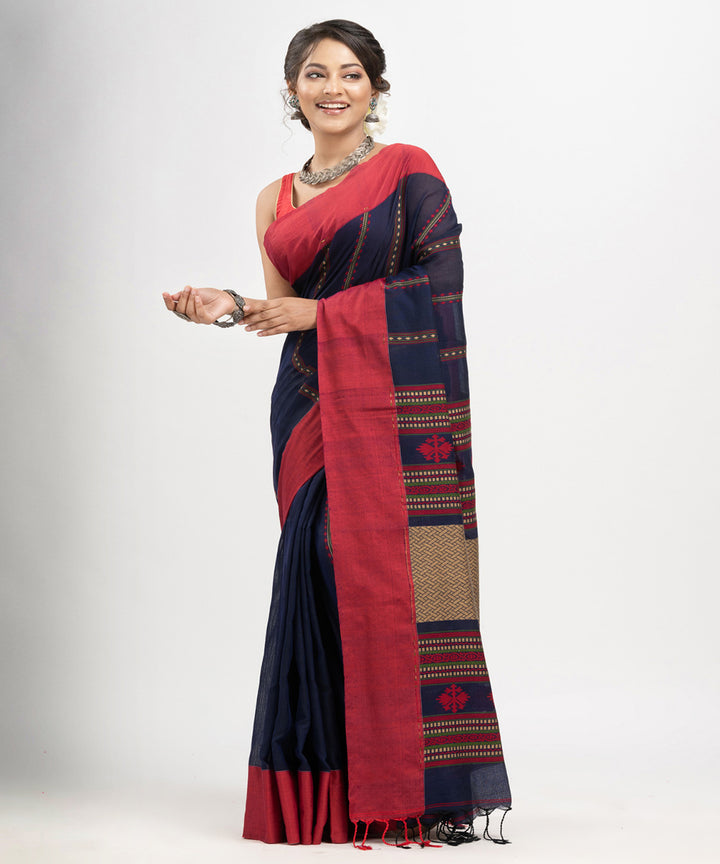 Navy blue red multicolor cotton jacquard handloom saree