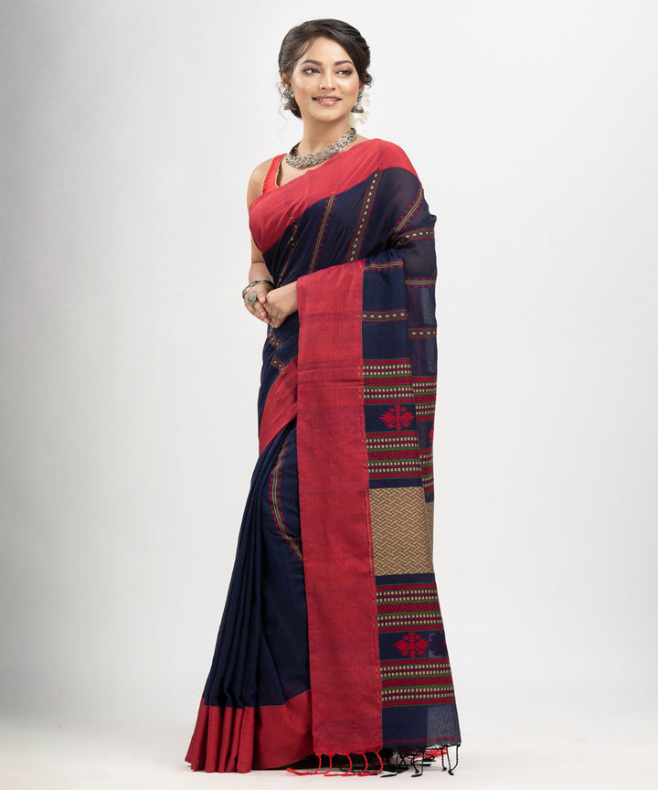 Navy blue red multicolor cotton jacquard handloom saree
