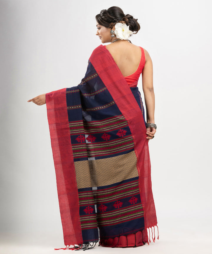 Navy blue red multicolor cotton jacquard handloom saree