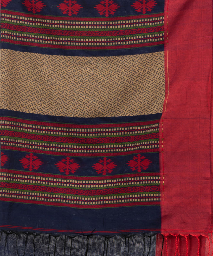 Navy blue red multicolor cotton jacquard handloom saree