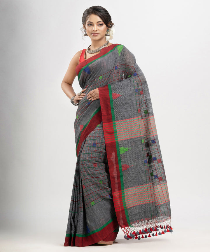 Grey red cotton checks handloom bengal saree