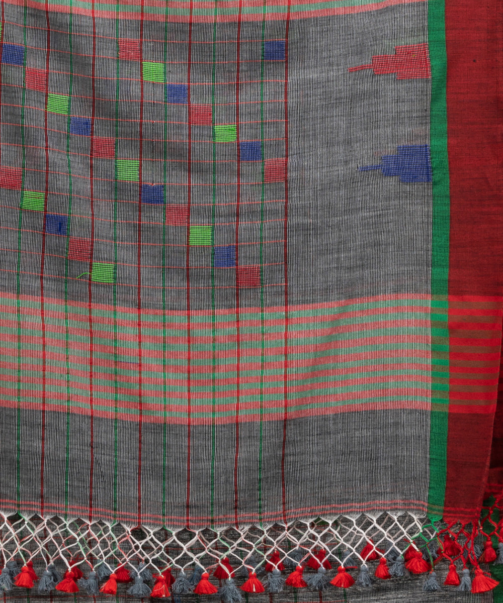 Grey red cotton checks handloom bengal saree