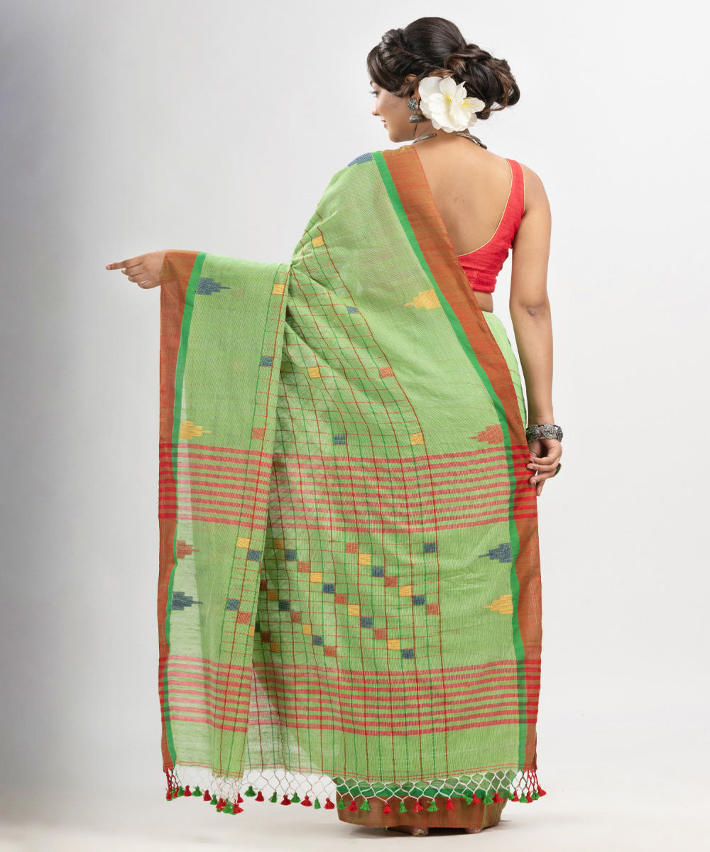 Lime green red cotton checks handloom bengal saree
