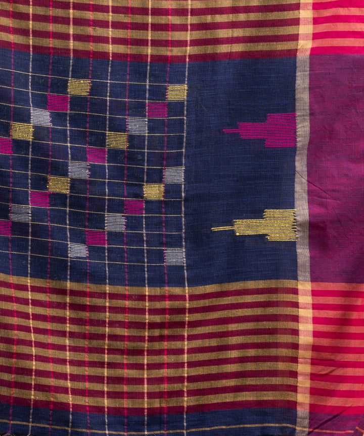 Berry blue cotton checks handloom bengal saree