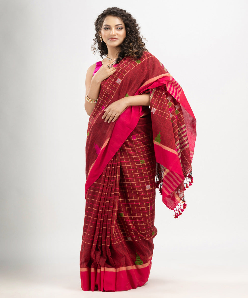 Red cotton checks handloom bengal cotton saree