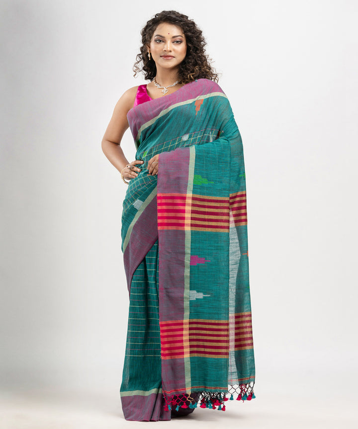 Teal green cotton checks handloom bengal saree