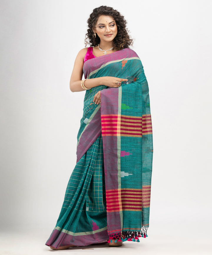 Teal green cotton checks handloom bengal saree