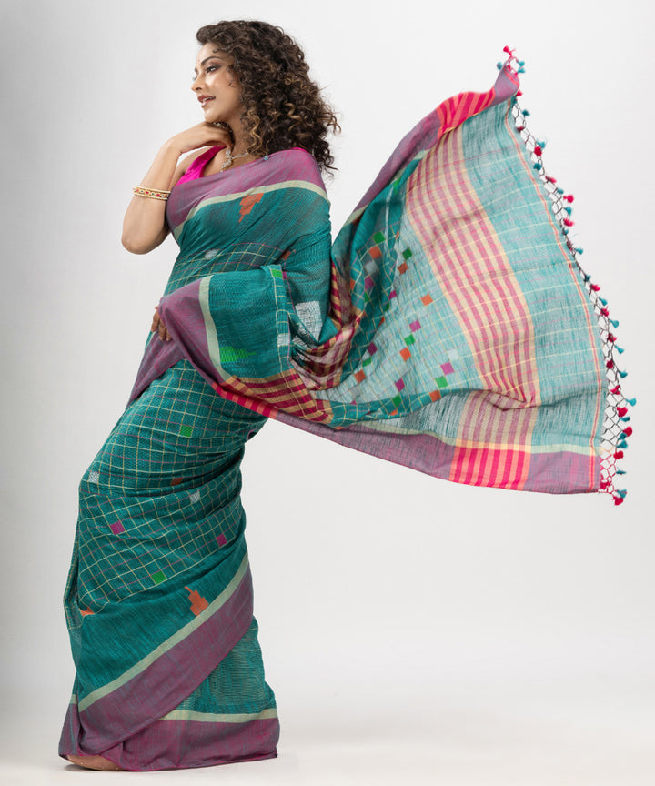 Teal green cotton checks handloom bengal saree