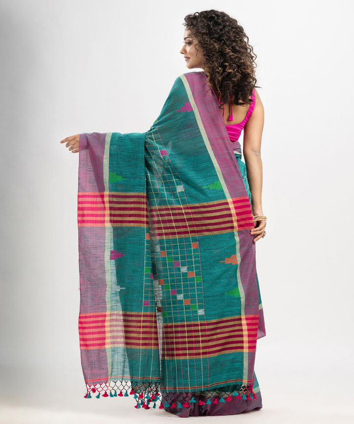Teal green cotton checks handloom bengal saree