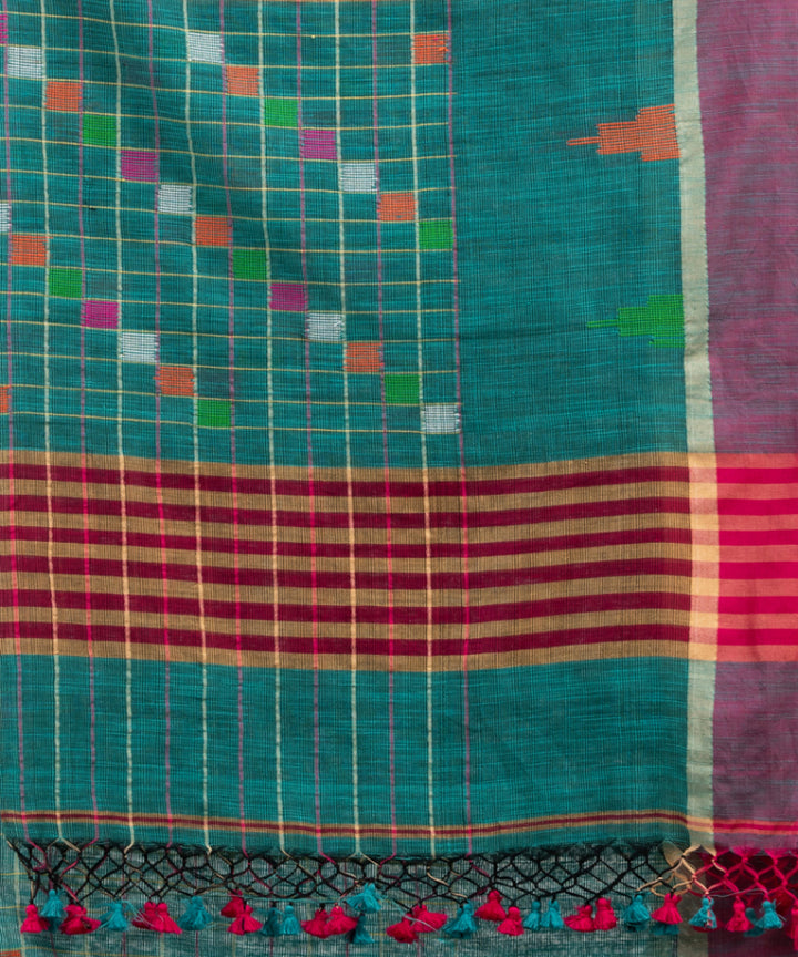 Teal green cotton checks handloom bengal saree