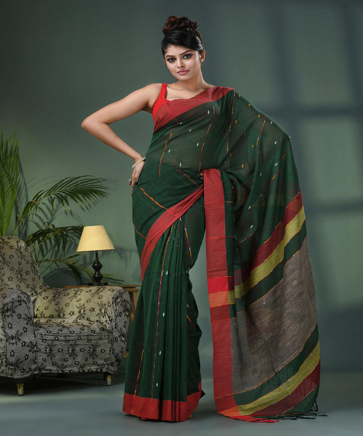 Bottle green red bengal cotton handloom saree