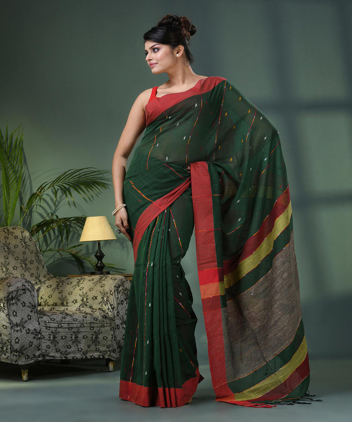 Bottle green red bengal cotton handloom saree