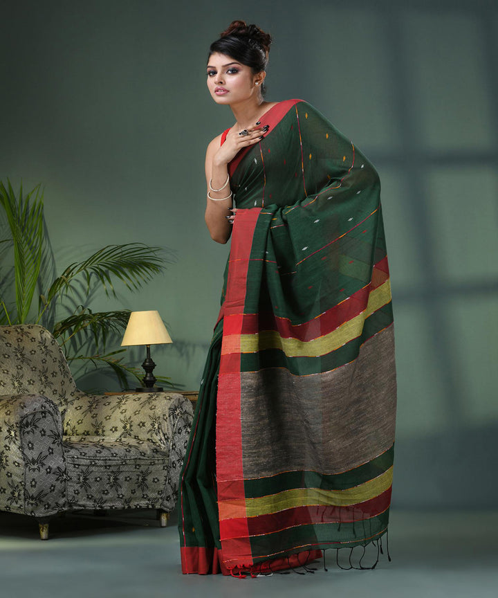 Bottle green red bengal cotton handloom saree