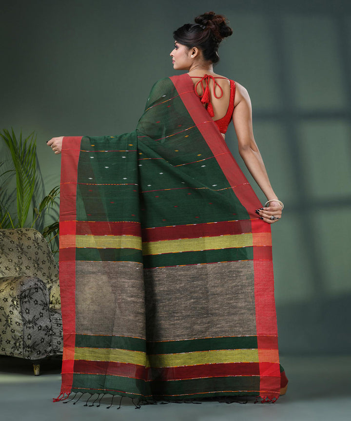 Bottle green red bengal cotton handloom saree