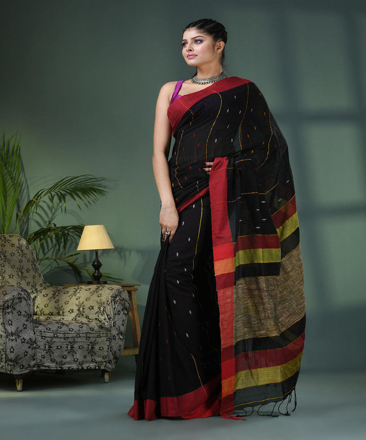 Black red bengal handloom cotton saree