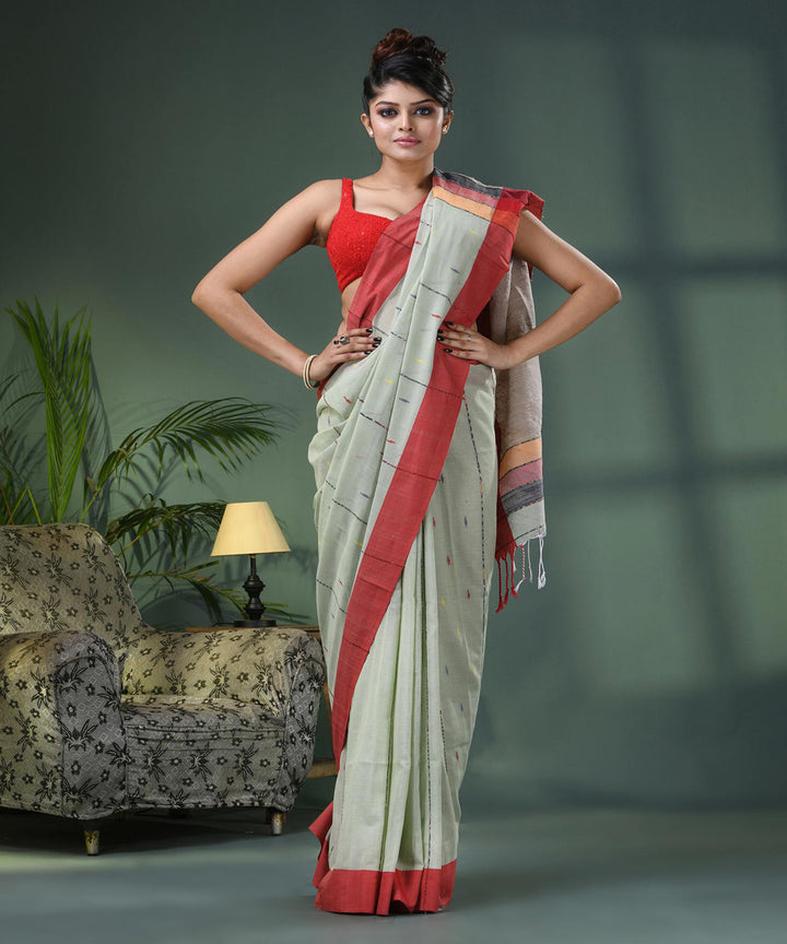 Sage green red handloom bengal cotton saree
