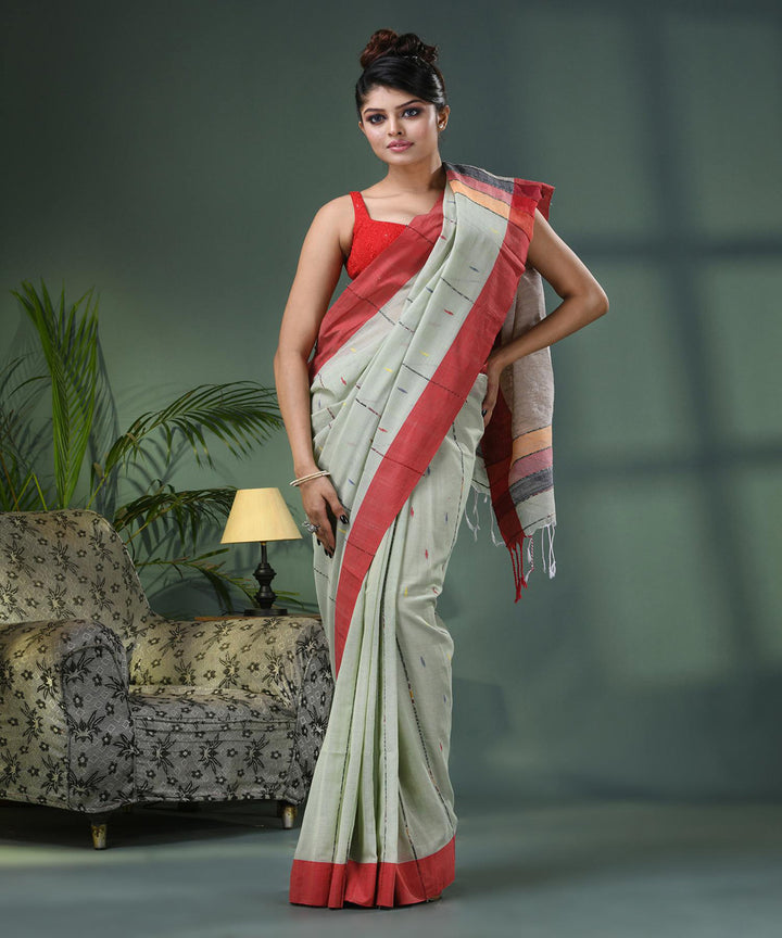 Sage green red handloom bengal cotton saree