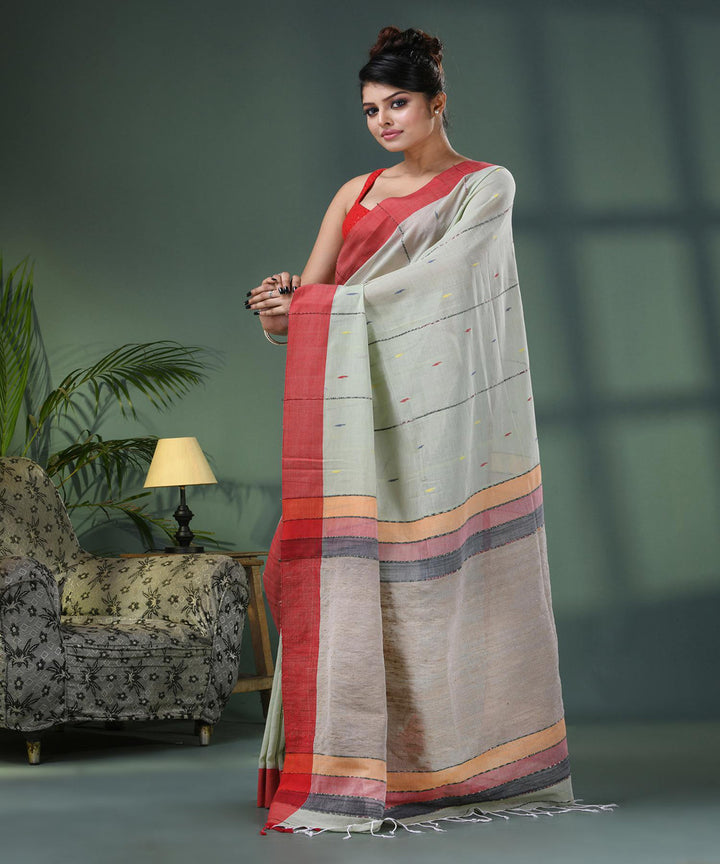 Sage green red handloom bengal cotton saree