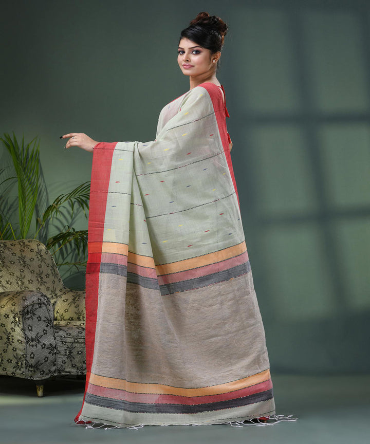 Sage green red handloom bengal cotton saree