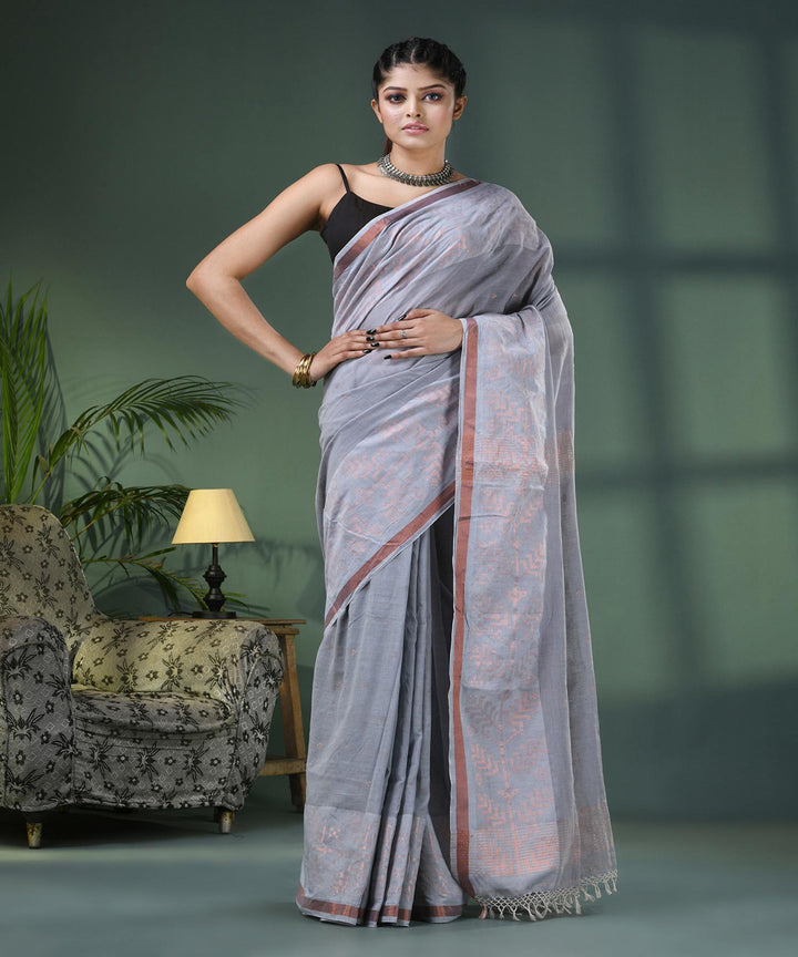 Silver handloom jamdani cotton saree