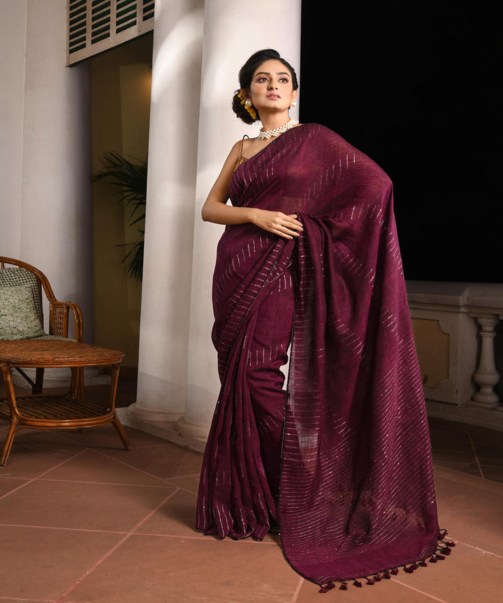 Magenta handloom bengal linen saree