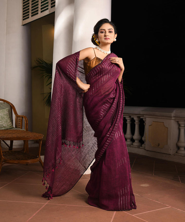 Magenta handloom bengal linen saree