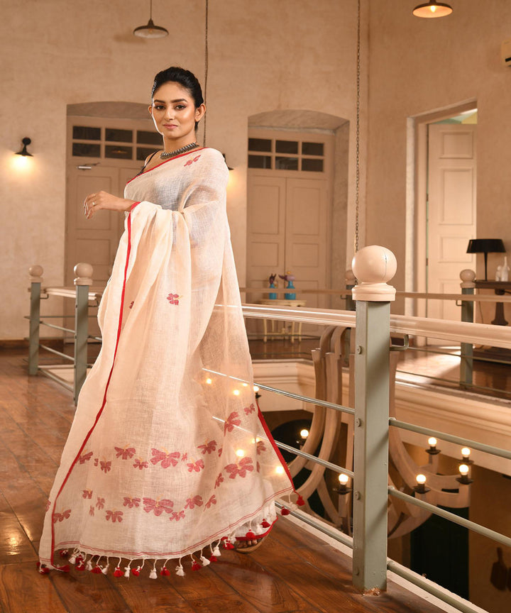 White red handloom bengal linen saree