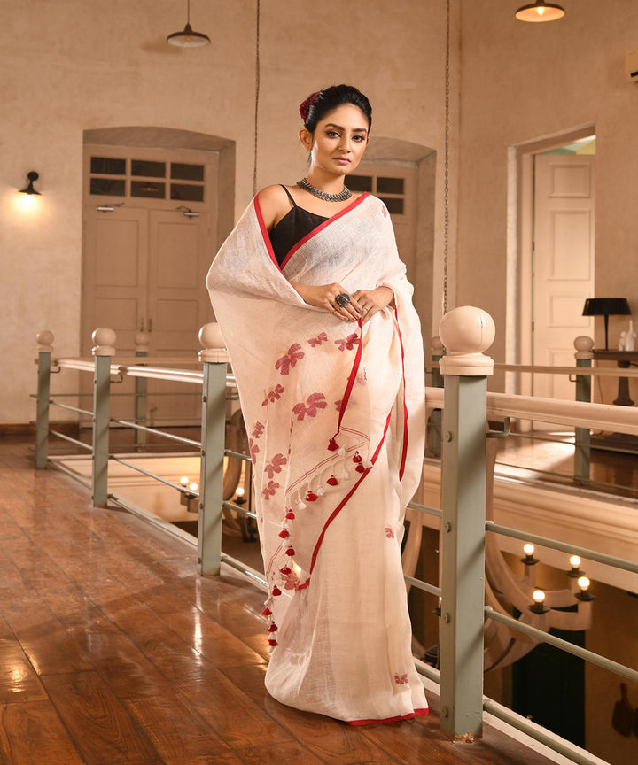 White red handloom bengal linen saree