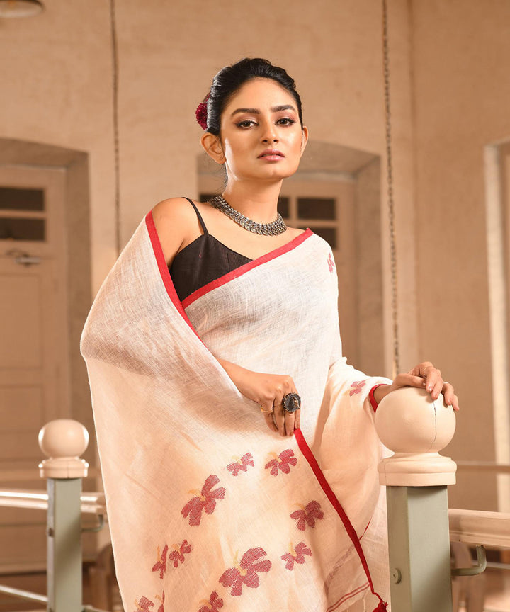 White red handloom bengal linen saree