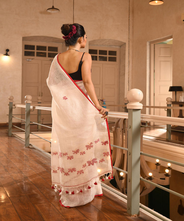 White red handloom bengal linen saree