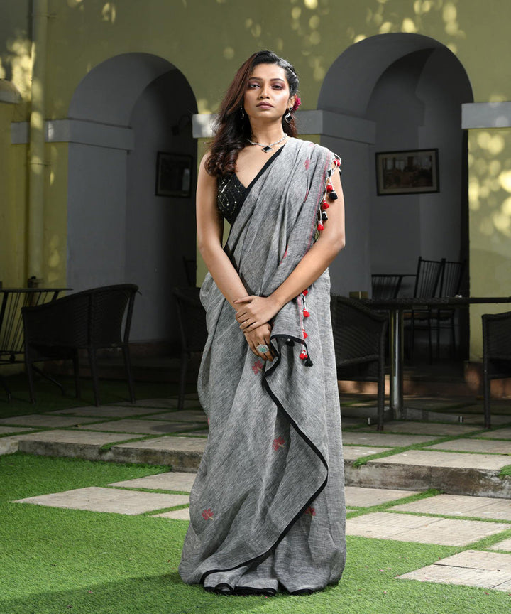 Grey handloom linen bengal saree