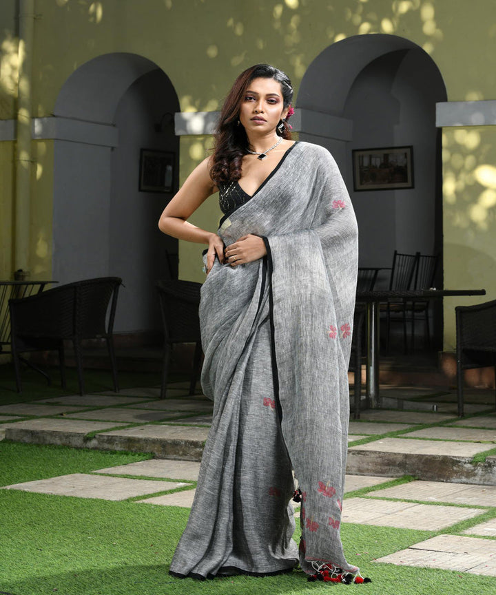 Grey handloom linen bengal saree