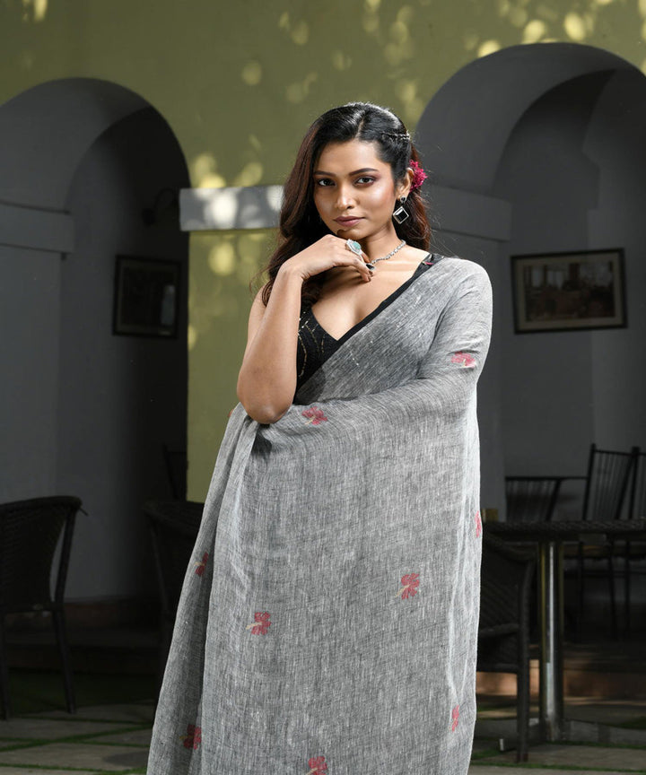 Grey handloom linen bengal saree