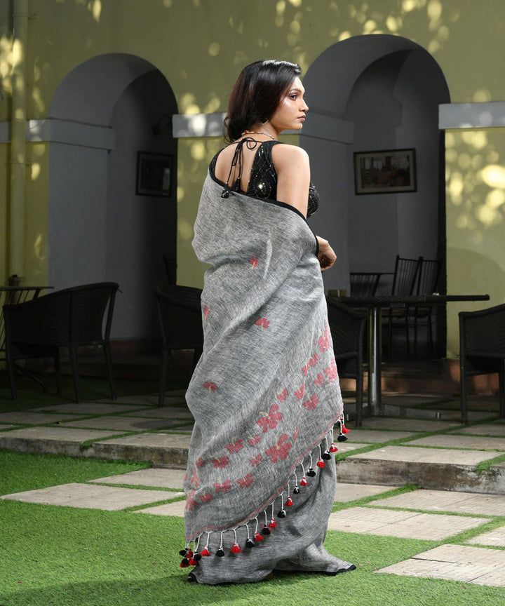 Grey handloom linen bengal saree