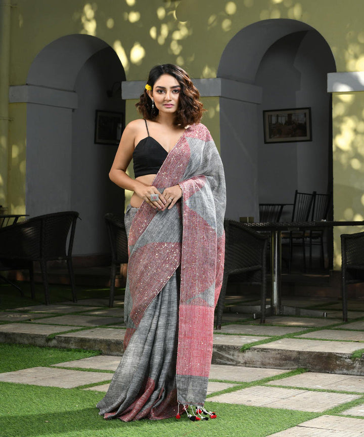 Grey handloom bengal linen saree