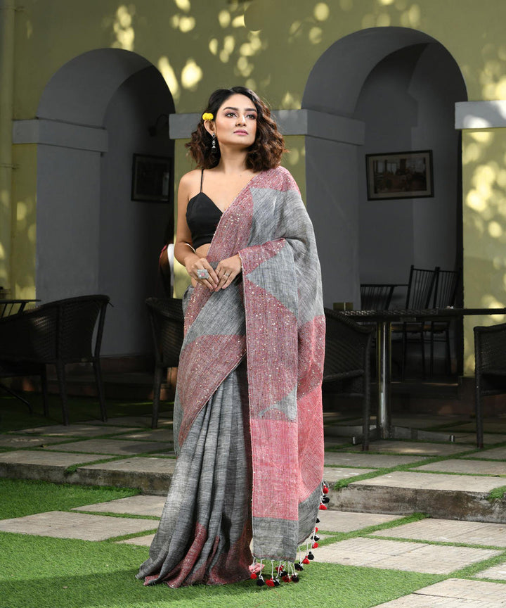 Grey handloom bengal linen saree