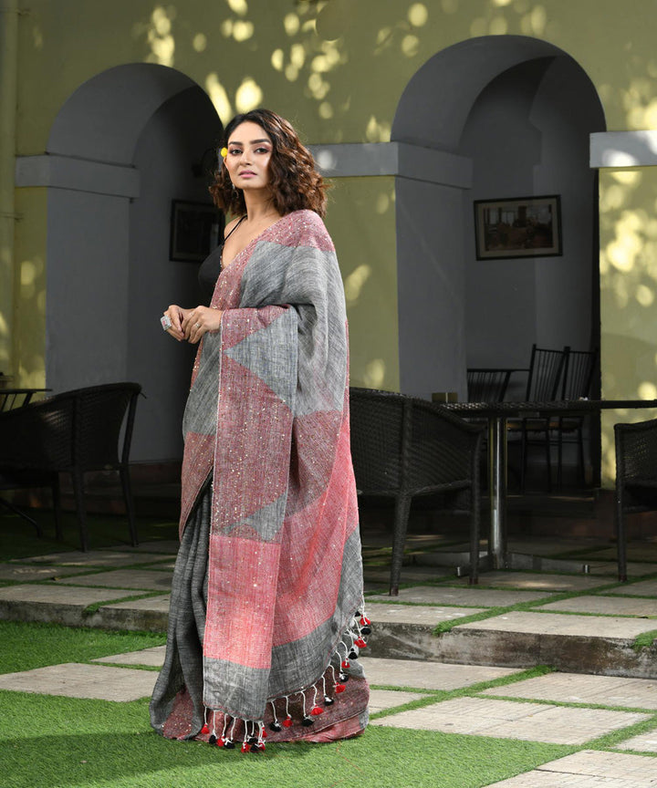 Grey handloom bengal linen saree