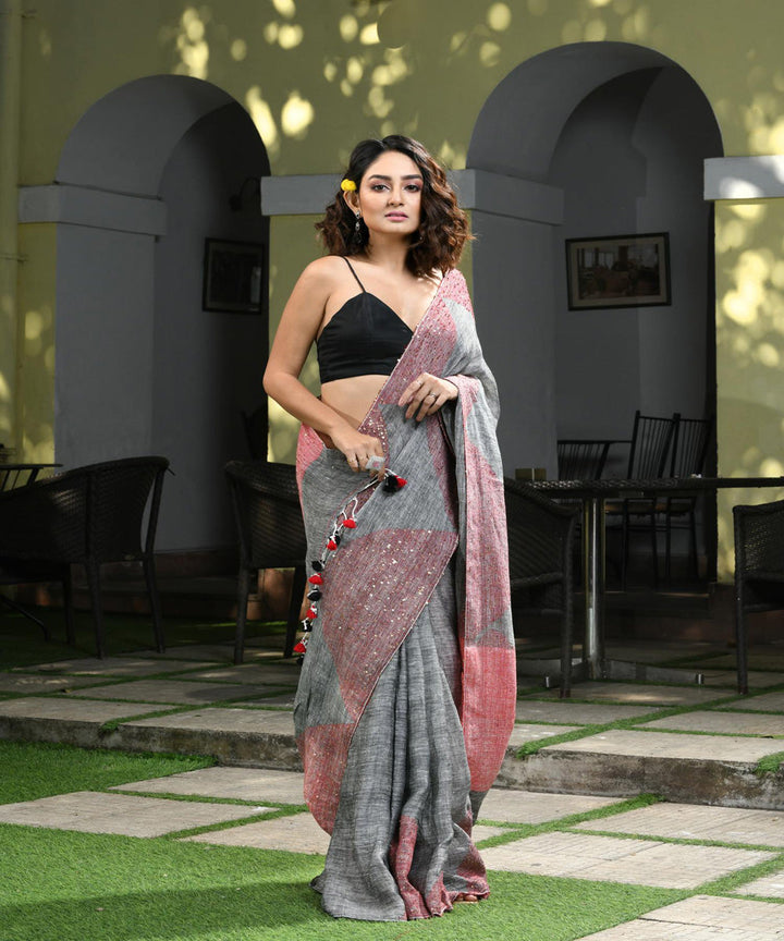 Grey handloom bengal linen saree