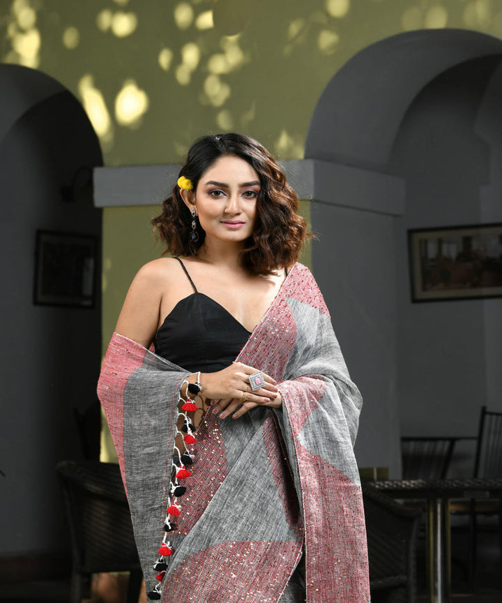 Grey handloom bengal linen saree