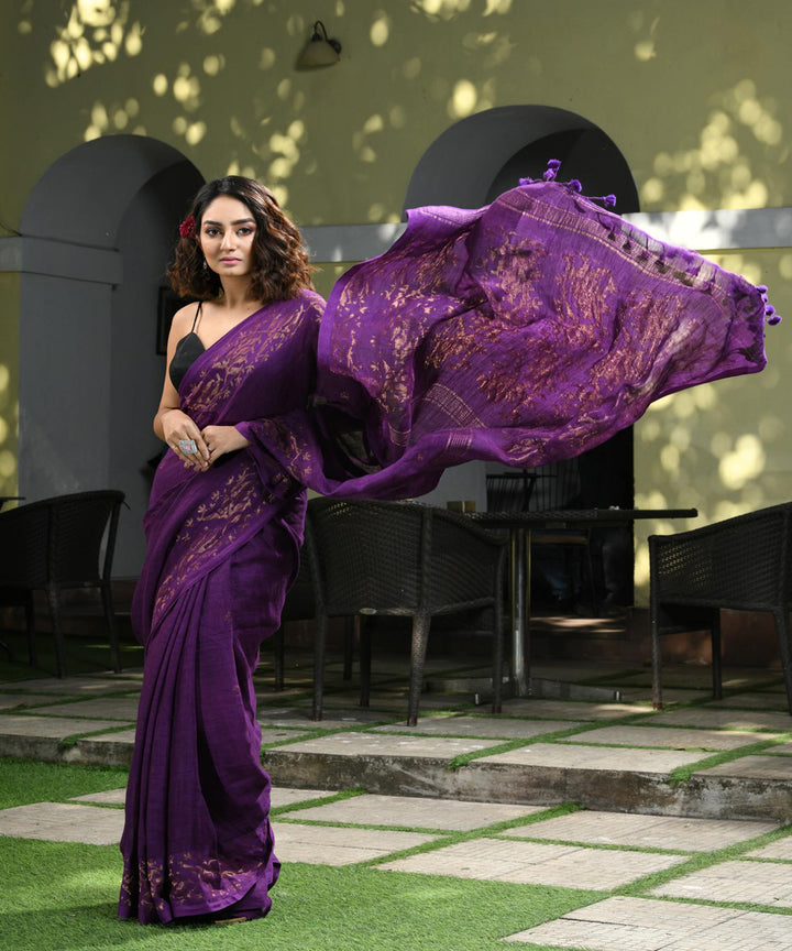 Violet handloom jamdani linen saree