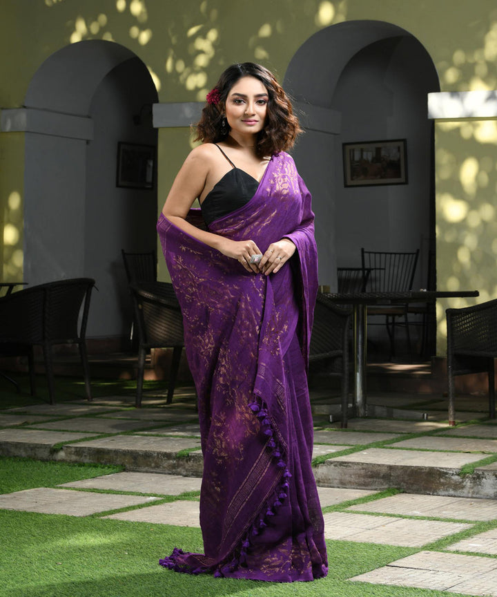 Violet handloom jamdani linen saree