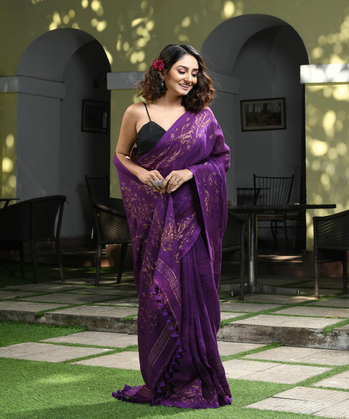 Violet handloom jamdani linen saree