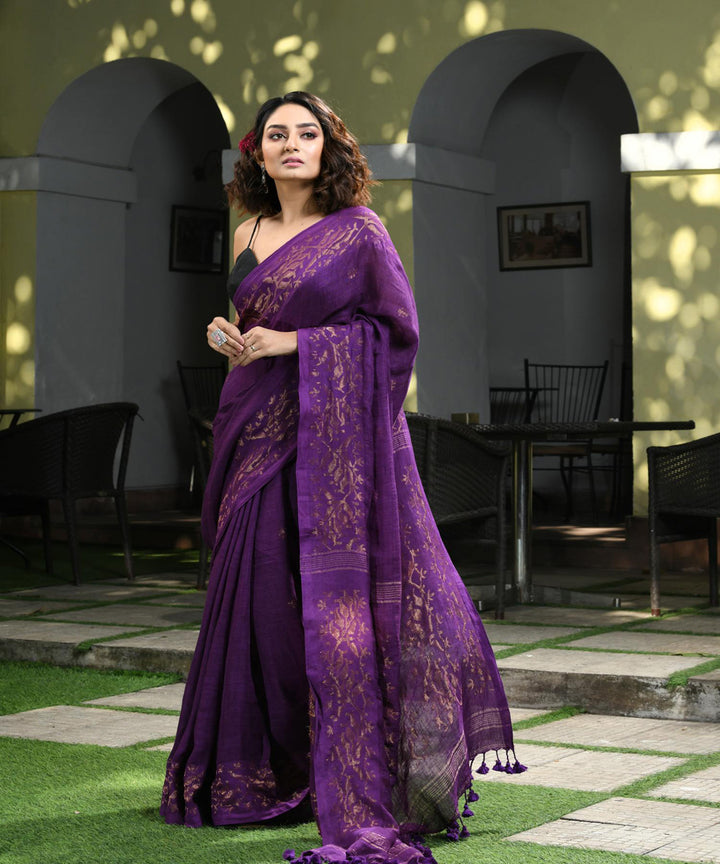 Violet handloom jamdani linen saree