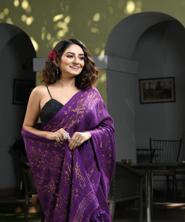 Violet handloom jamdani linen saree