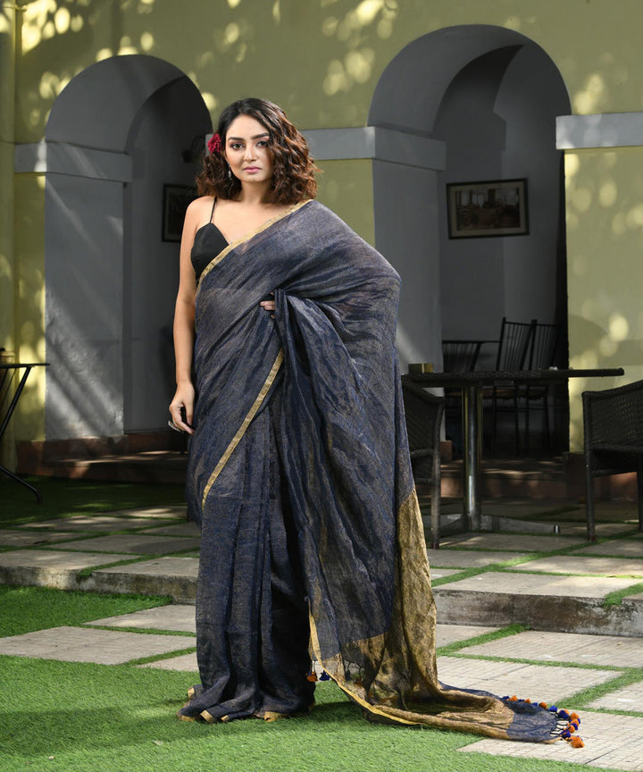 Deep blue handloom bengal linen saree