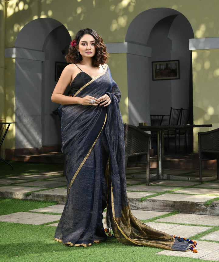 Deep blue handloom bengal linen saree